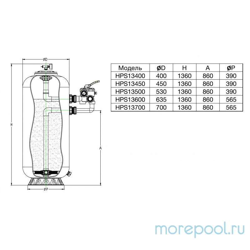 Фильтр шпул.навивки озон.Д.600мм,10м³/ч,выс загр.1м,бок.подкл.1½", без вентиля