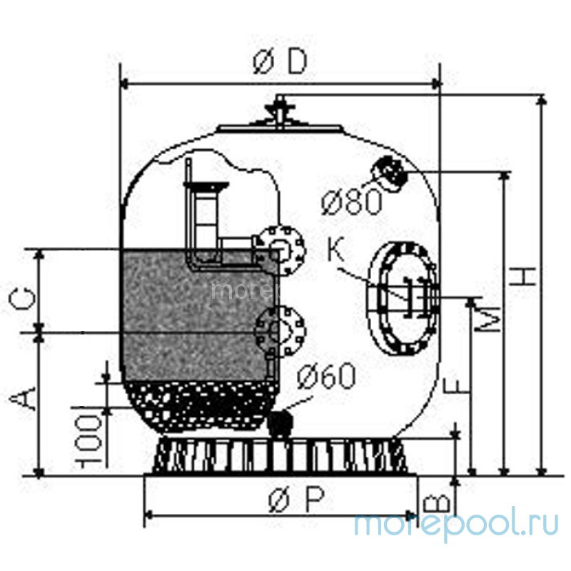 Фильтр K2000.OZ.cд, шпул. навивки, озоноуст.,d.2000мм, 125м³/ч, выс. 1м. подкл. 6",труб., доп.опции
