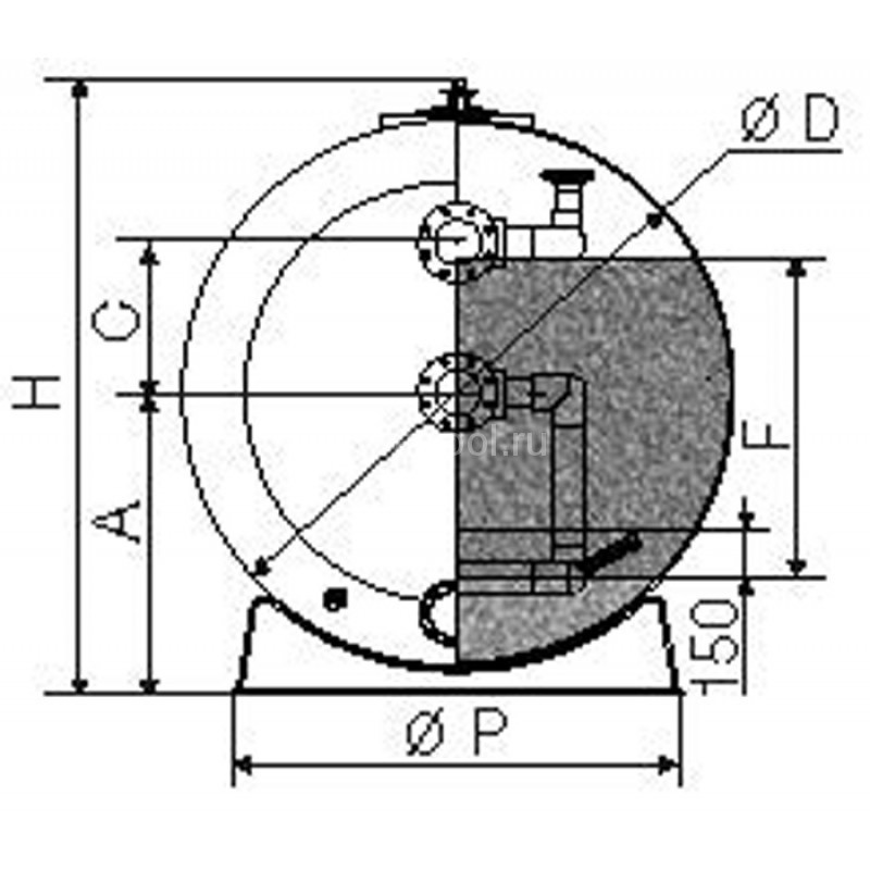 Гориз.фильтр шпул. навивки Д.1200мм,дл.2300мм,48 м³/час,подкл.3", выс.загрузки 0,6м