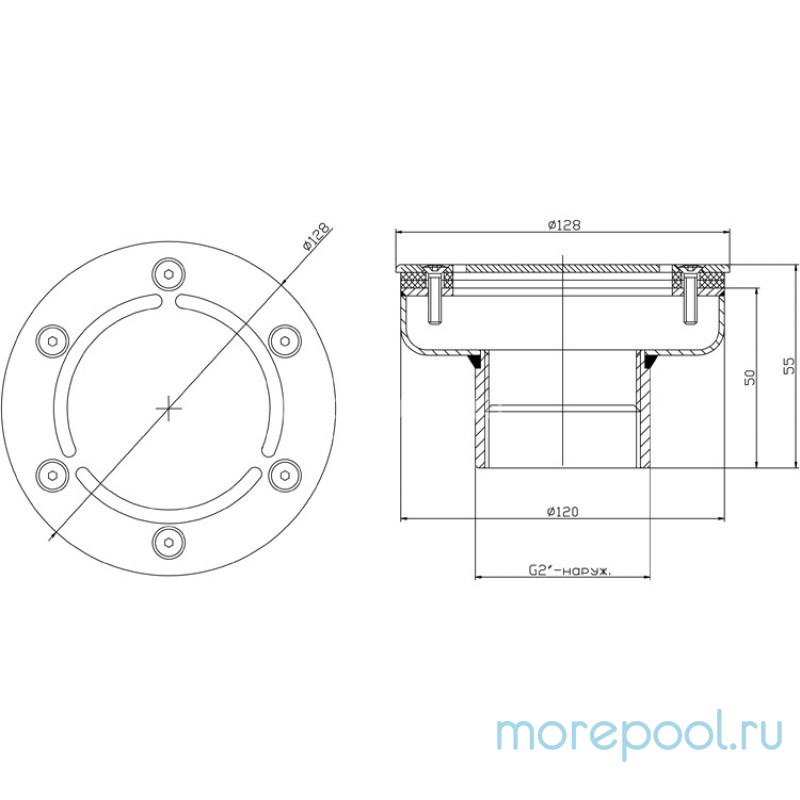 Форсунка донная Ø 120 (плёнка) G2" (наружн.) нерж. ст. AISI-304