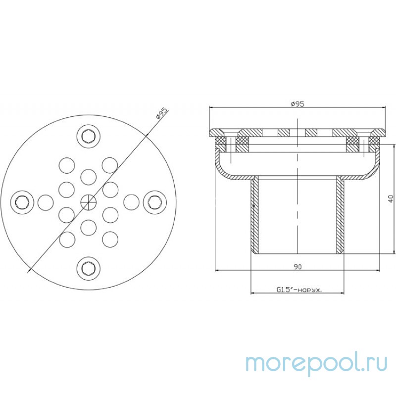 Форсунка донная Ø 90 (плитка) G1½" (наружн.) нерж. ст. AISI-304