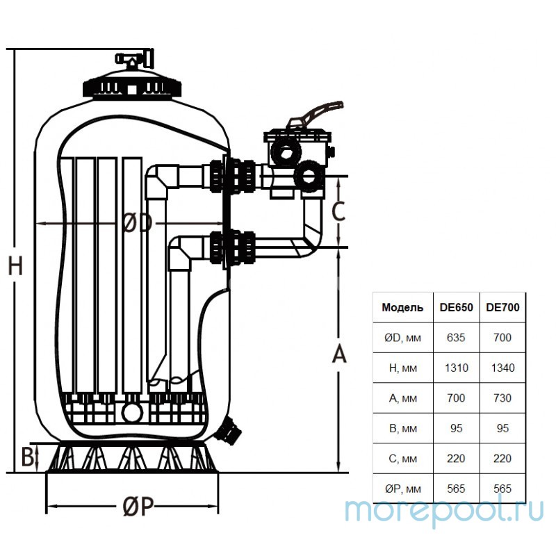 Фильтр DE650, шпул.навивки, диатомитовый, d.635мм, 18м³/час, 3.64м², бок.подкл.2", без вентиля