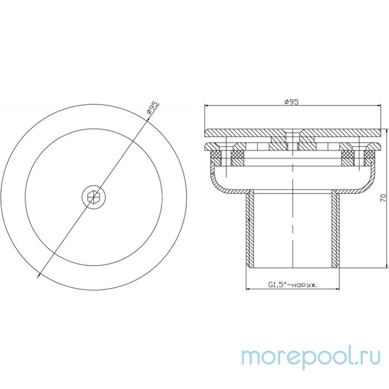 Форсунка донная рассеивающая Ø 95 (пленка) G1½" (наружн.) нерж. ст. AISI-304