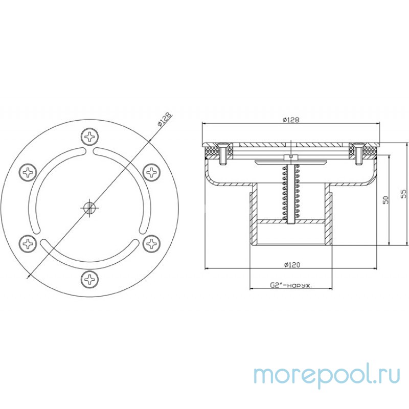 Форсунка донная регулируемая Ø 120 (плёнка) G2" (наружн.) нерж. ст. AISI-304