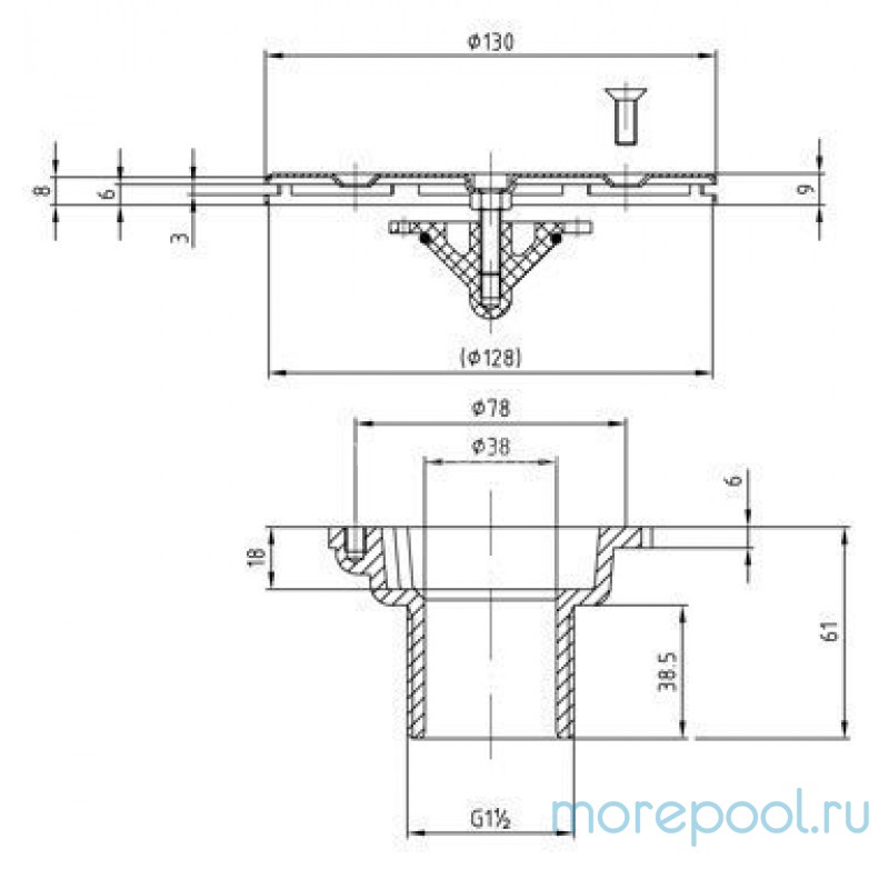 Форсунка донная регулируемая Ø 130 (плитка) G2"(наруж.) нерж. ст. AISI-316 и RG-бронза