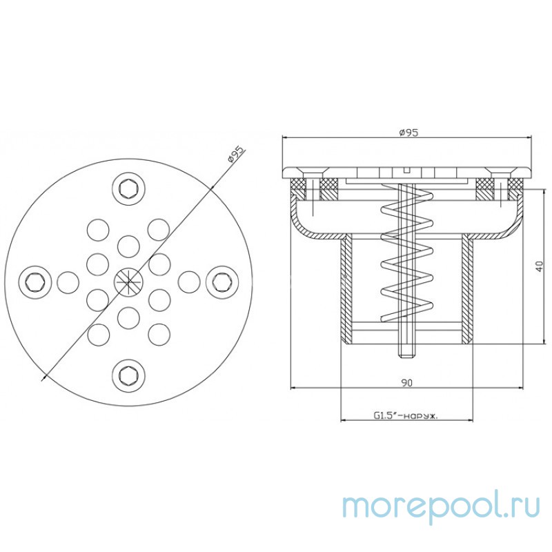 Форсунка донная регулируемая Ø 90 (плёнка) G1½" (наружн.) нерж. ст. AISI-304