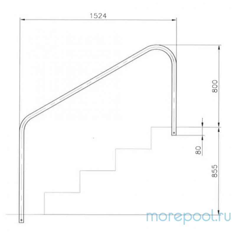 Поручень для римской лестницы дл. 1524мм + фланцы, AISI-316 (комплект 2 шт.)