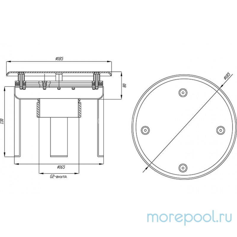 Водозабор с антивихр. крышкой д.165 (плитка) G2" (внутр.) нерж. AISI-304