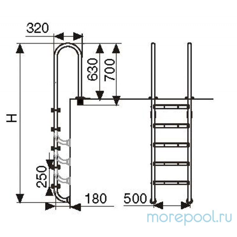 Лестница M, 3 ступ. с накладкой люкс, нерж. AISI-304 (узкий борт)