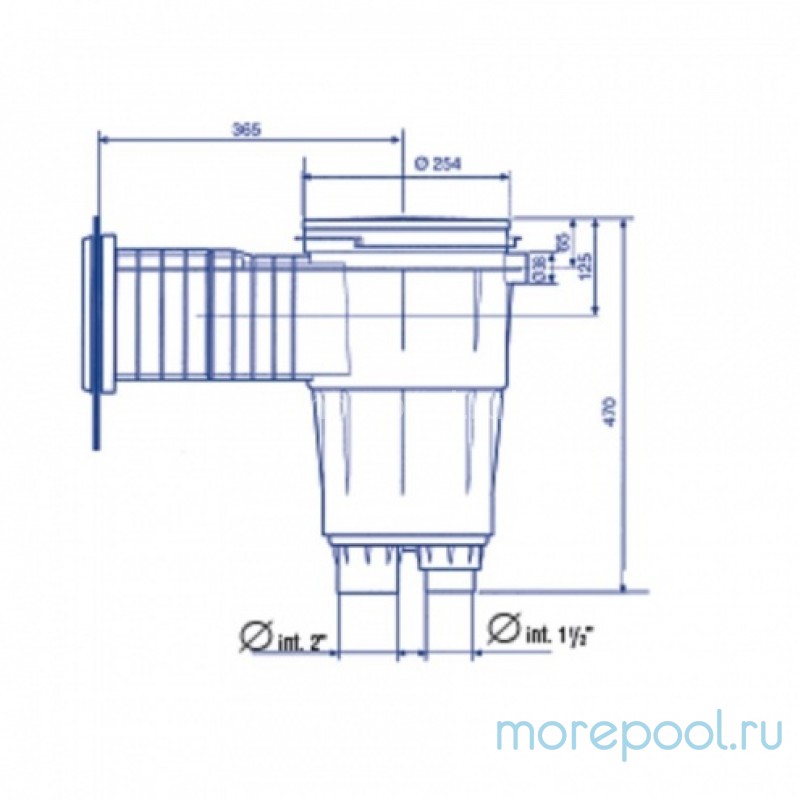 Скиммер из ABS-пластика, 17,5 л. cо стандарт. удлин. раструбом, подкл.внутр. 2"-1½", пленка
