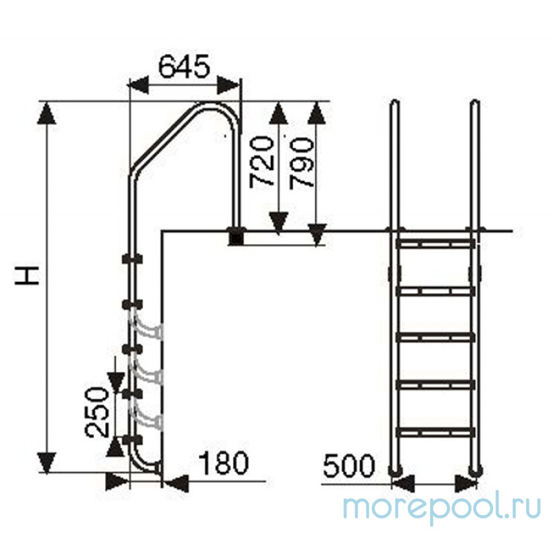 Лестница L, 4 ступ. с накладкой люкс, нерж. AISI-304 (широкий борт)