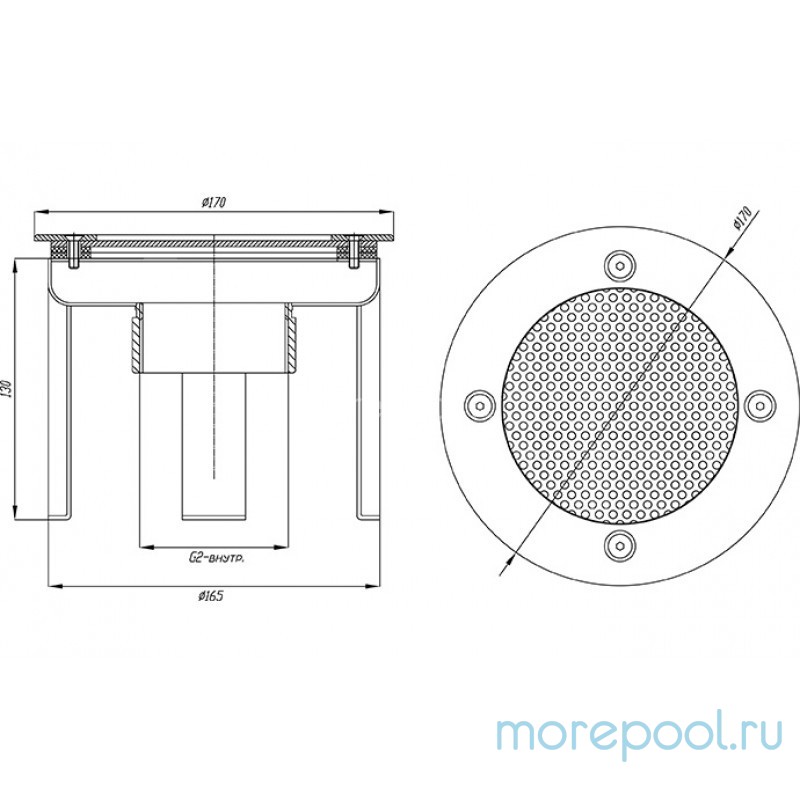 Водозабор с сетчатой крышкой д.165 (пленка) G2" (внутр.) нерж. AISI-304