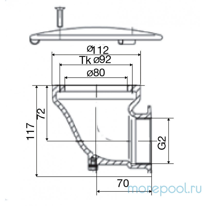 Донный слив 112x117 из RG-бронза с антивихревой крышкой AISI-316, подкл. внутр. 2"(плитка)