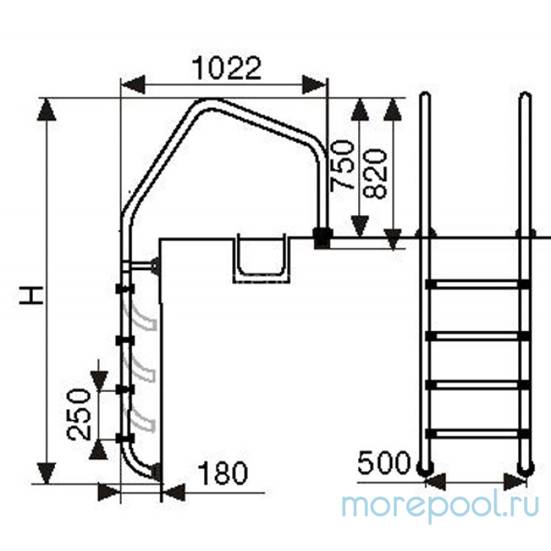 Лестница ML, перелив. желоба 2 ступ. с накладкой люкс, нерж. AISI-304