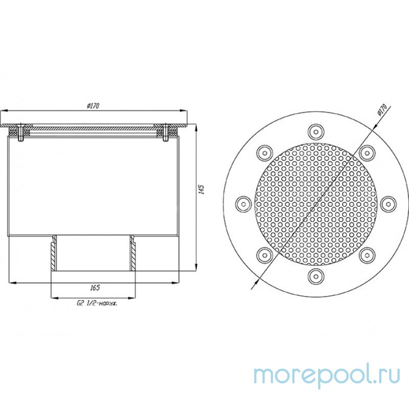 Водозабор с сетчатой крышкой д.165x100 (пленка) G2,5" (наружн.) нерж. AISI-304