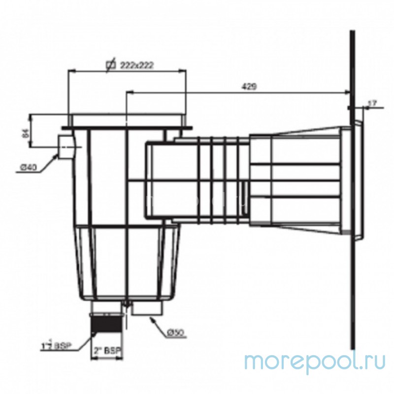 Скиммер из ABS-пластика, 15 л. c широким раструбом, подкл.внутр. 2"-1½", пленка