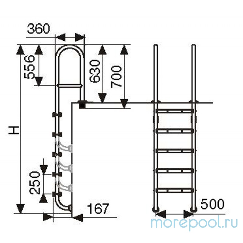 Лестница MRO, усиленная 2 ступ. с накладкой люкс, нерж. AISI-304 (узкий борт)