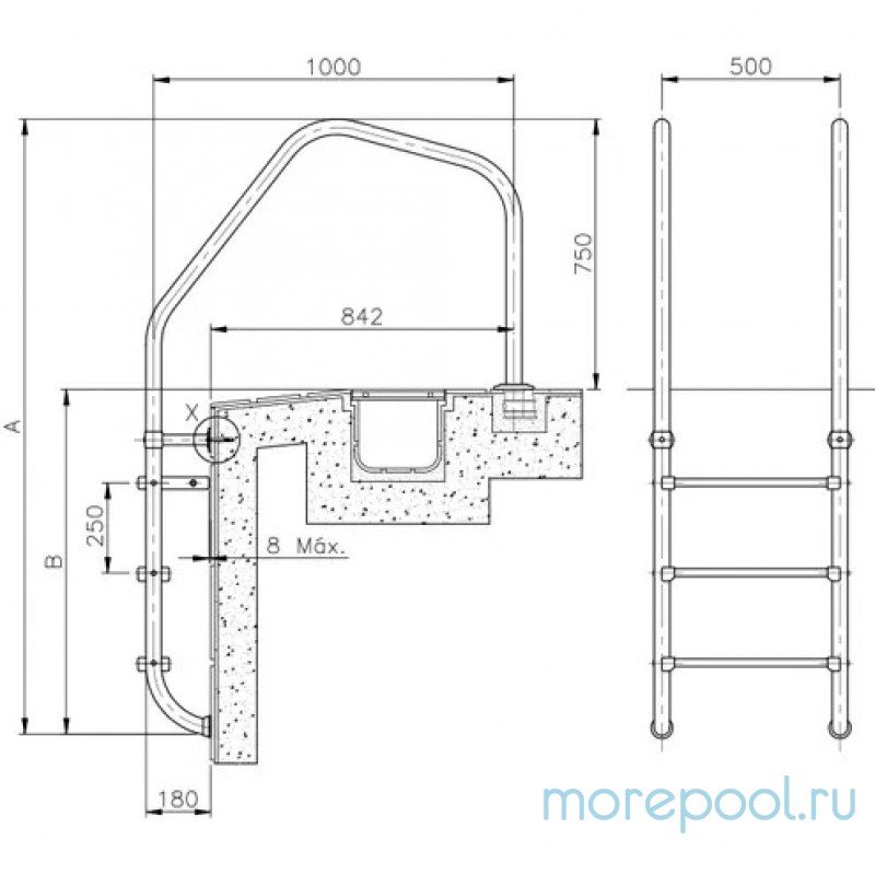 Лестница "1000" 3 ступени +1 предохран. ступень (ступени люкс + анкер) AISI-316