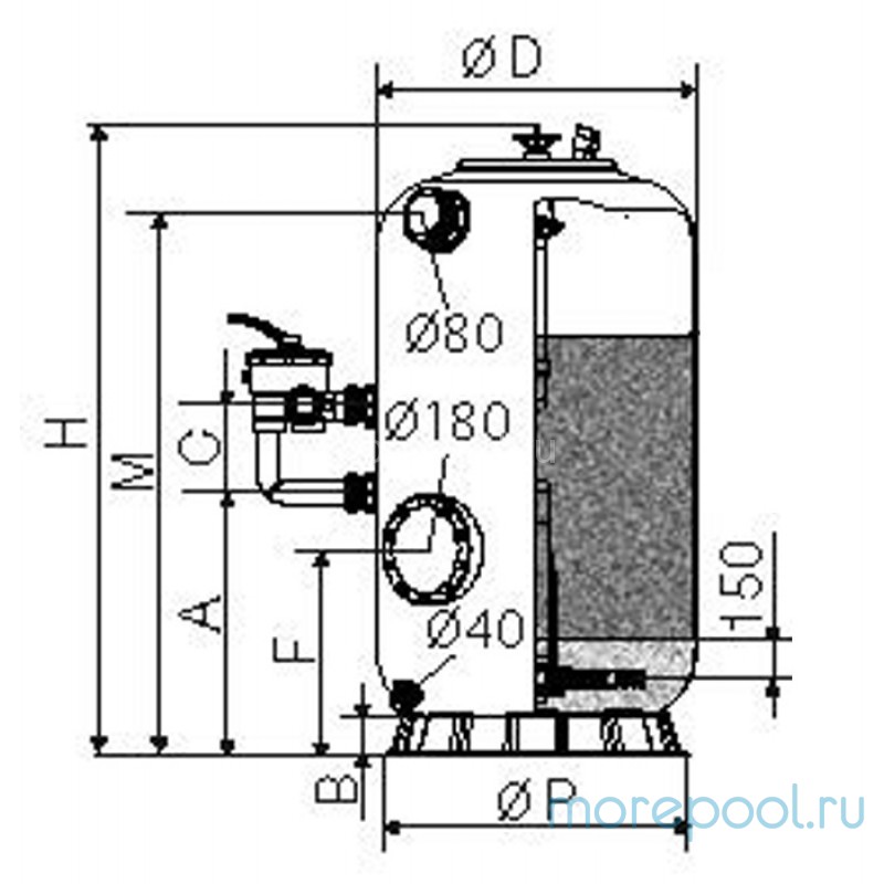Фильтр HK15800Aтд, шпул. навивки, d.800мм, 25м³/ч, выс. 1м, бок.подкл. 2", доп.опции, без вентиля