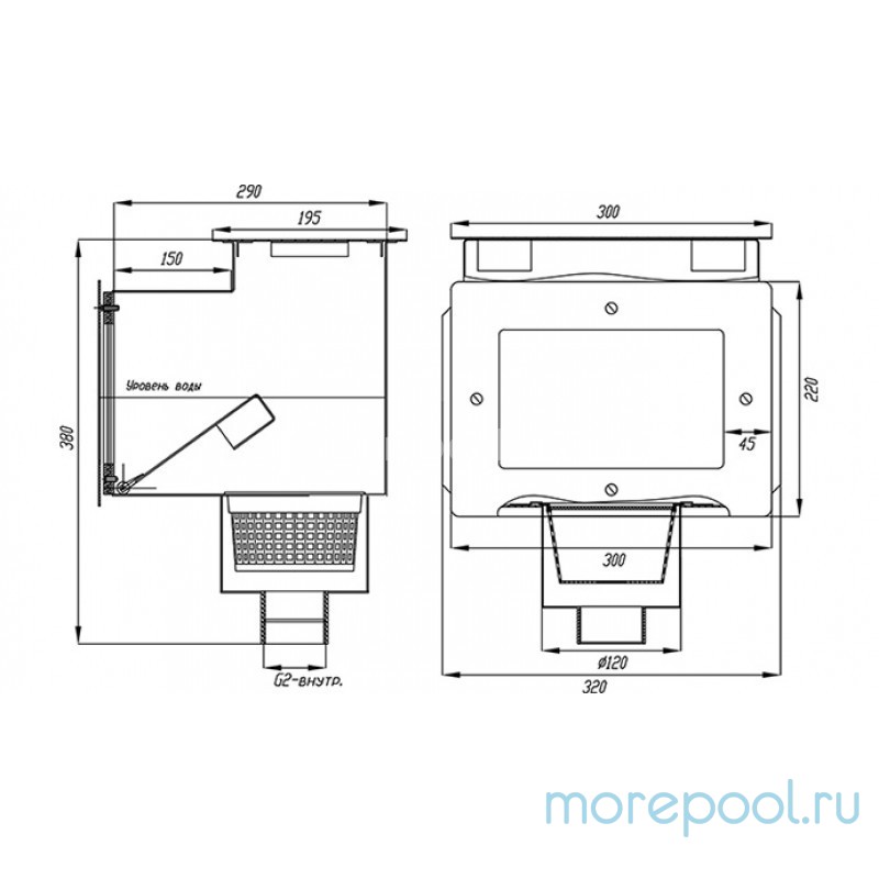 Скиммер нерж. ст. AISI-304 с удлиненной горловиной подкл. внутр. 2" (пленка)
