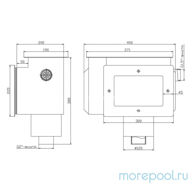 Скиммер нерж. ст. AISI-316 с камерой долива и переливным желобом подкл. внутр. 2" (пленка)