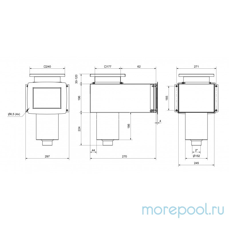Скиммер нерж. ст. AISI-316 с короткой горловиной, подкл. 2" (пленка)