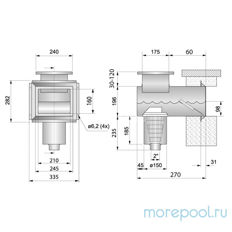 Скиммер нерж. ст. AISI-316 с короткой горловиной, подкл. 2" (плитка)