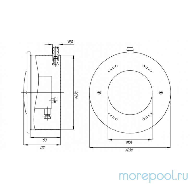 Светильник светодиодный встриваемый D250, 54Вт/12В, бел. свеч., нерж.сталь AISI-304, пленка