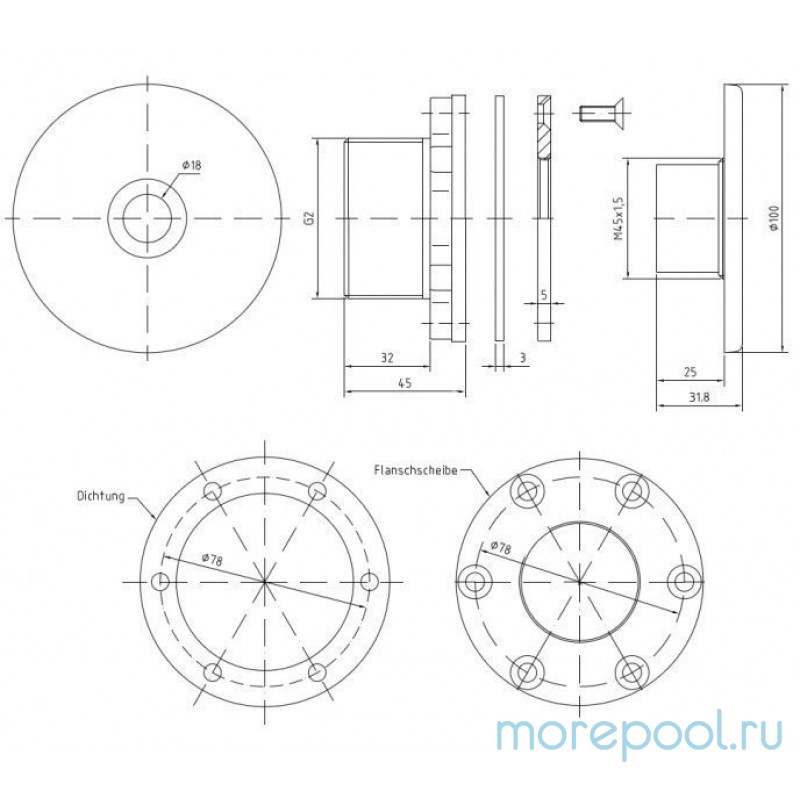 Форсунка стеновая Ø 100 (пленка) G2"(наруж.)нерж. ст. AISI-316 и RG-бронза
