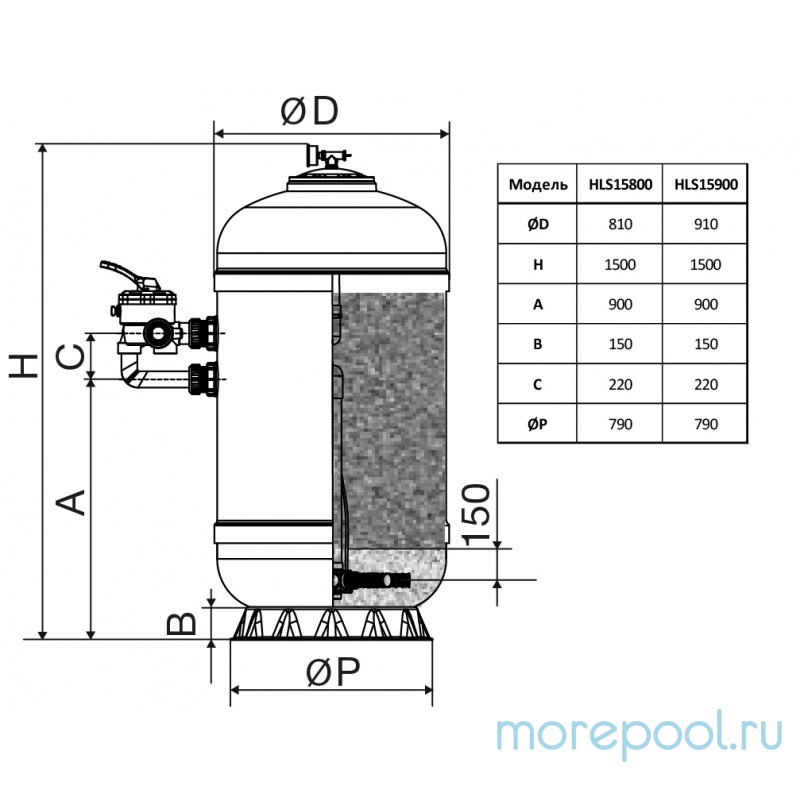 Фильтр ламинированный d.1000мм, 31,5м³/ч, выс загр. 0,70м, бок.подкл. 2", без вентиля